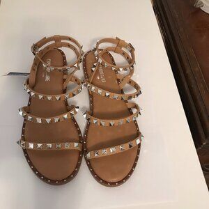 Marshalls Talia Tan and Silver Studded Strappy Sandals Cushionaire Size 8
